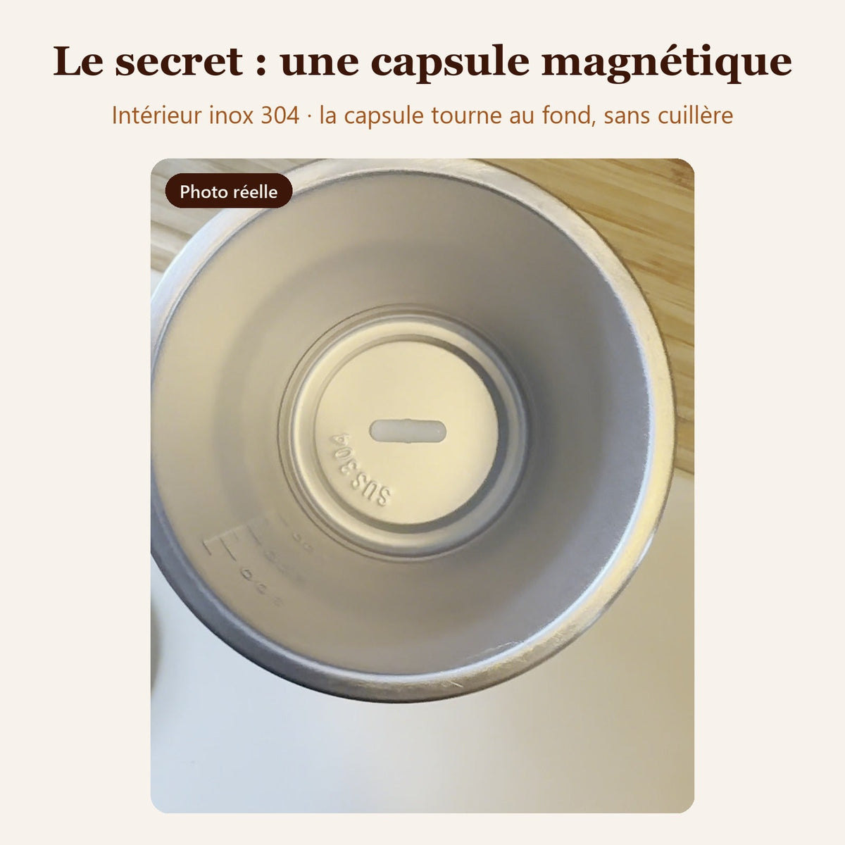 Capsule magnétique amovible au fond du mug auto-mélangeur, intérieur en acier inoxydable Image