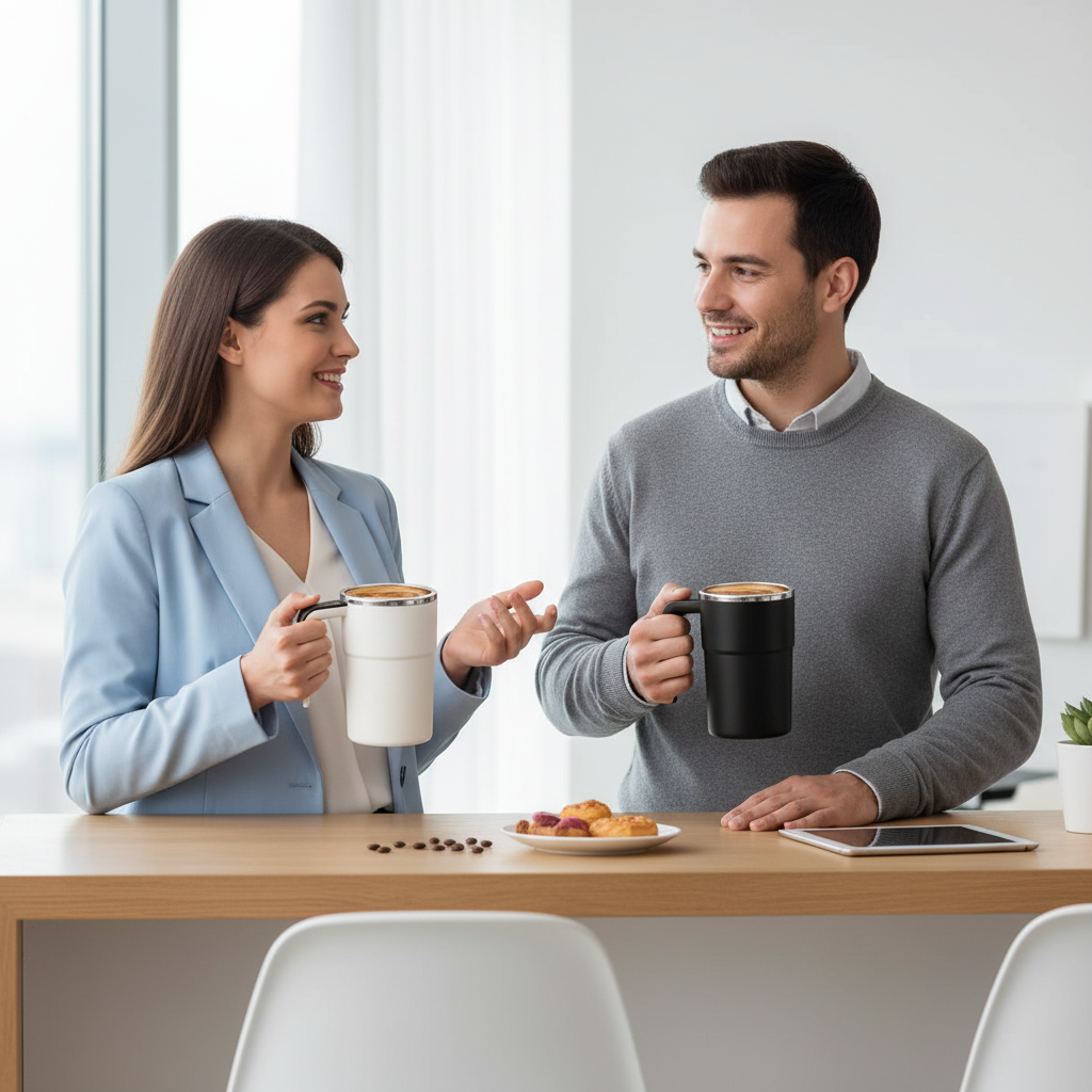 Deux collègues avec mugs blanc et noir