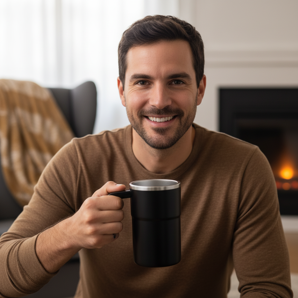 Homme tenant le mug et souriant Image