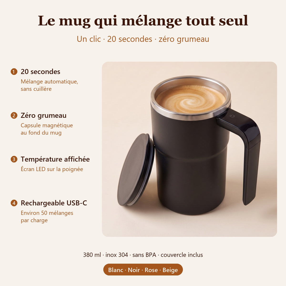 Mug mélangeur automatique noir P'tit Trésor : mélange en 20 secondes, zéro grumeau, température affichée, rechargeable USB-C