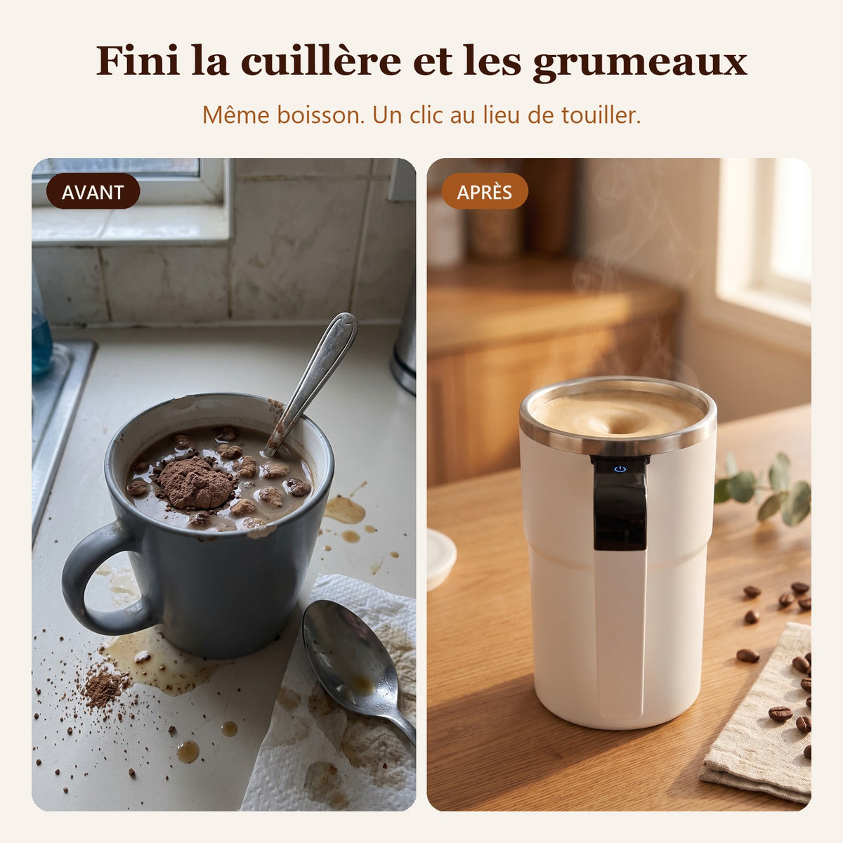 Avant : cuillère et grumeaux. Après : boisson lisse dans le mug mélangeur automatique