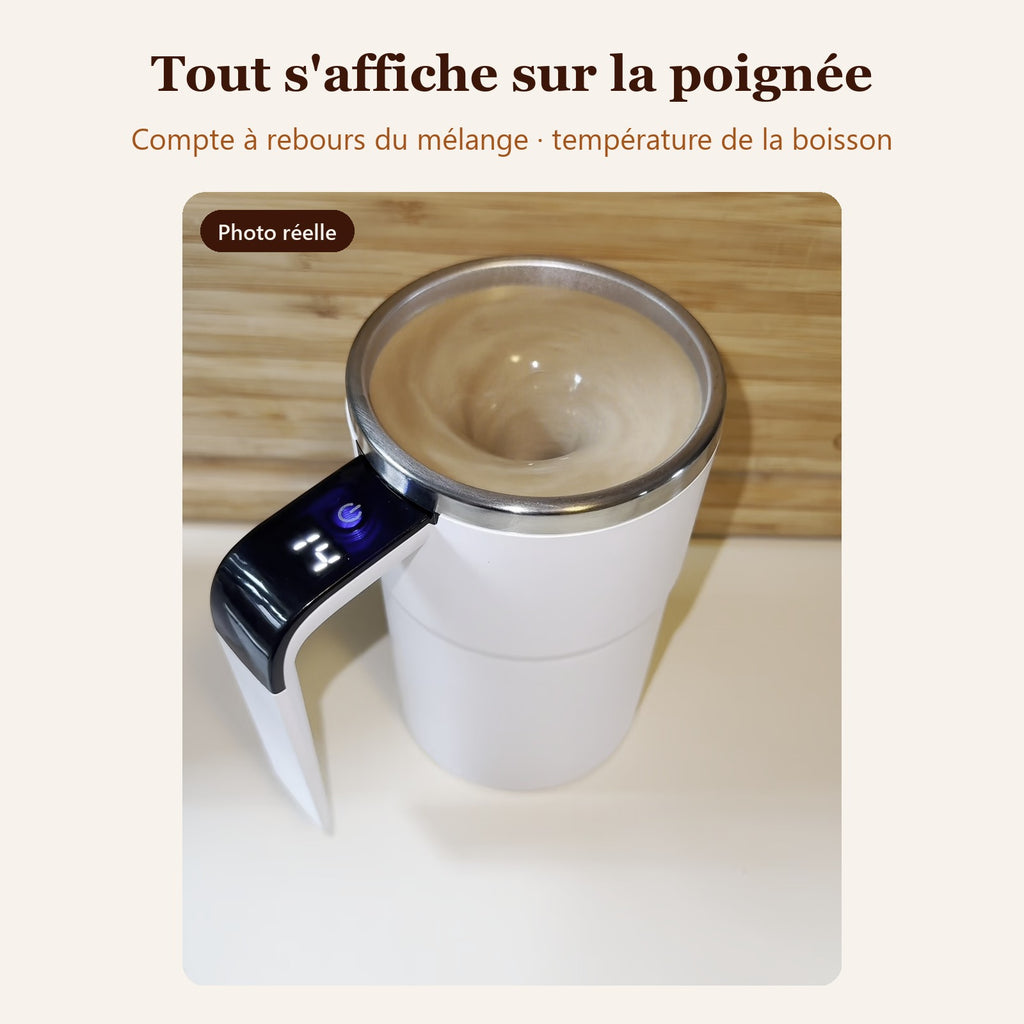 Écran LED sur la poignée du mug : compte à rebours du mélange et température de la boisson