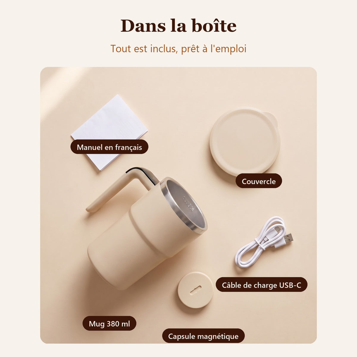 Contenu de la boîte : mug 380 ml, couvercle, capsule magnétique, câble de charge USB-C, manuel en français