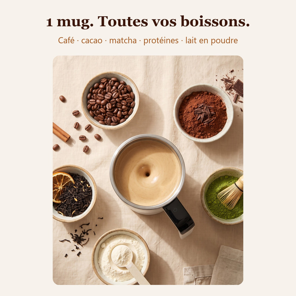 Un mug pour toutes les boissons : café, cacao, matcha, protéines, lait en poudre