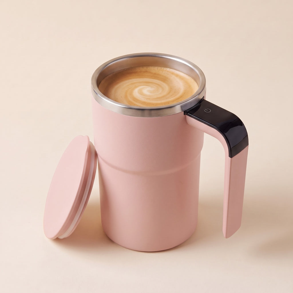 Mug mélangeur automatique rose avec son couvercle